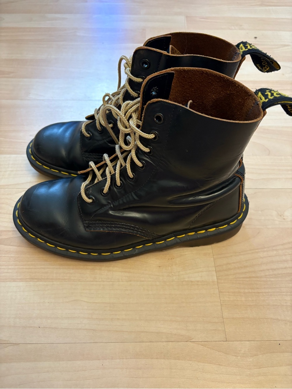 Dr. Martens 1460 Black Leather Lace-Up Boots with Yellow Stitching